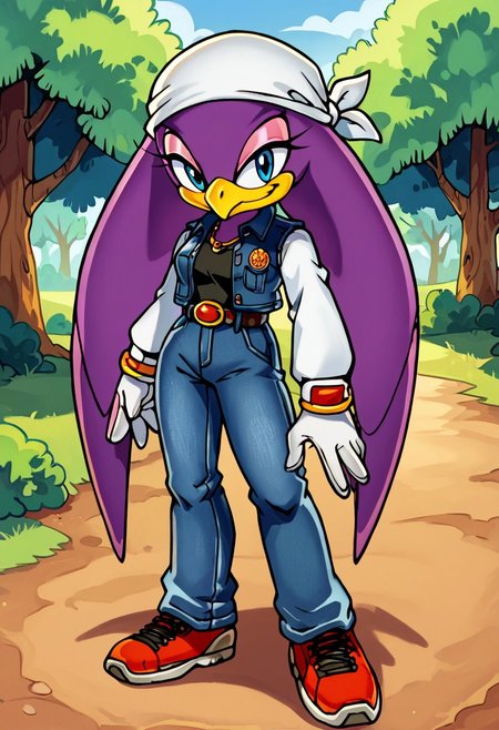 score_9,score_8_up,score_7_up, yuji uekawa, outdoors, daytime, forest mountain field, 1girl,  Waveswallowxl, mobian, purple skin, beak, long hair, blue eyes, white bandana, white gloves, black t-shirt, long sleeves, striped white sleeves, denim jacket vest, jeans, belt, sneakers, standing, looking at viewer, smile