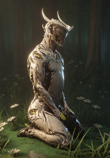 3d, score_9, score_8_up, score_7_up, score_6_up, score_5_up, score_4_up, green background, detailed background, side view, forest, grass, solo BREAK
<lora:OberonWF_PDXL:0.7> oberonwf, white body, yellow highlights, eyeless, mouthless, noseless, looking aside, kneeling, flowers