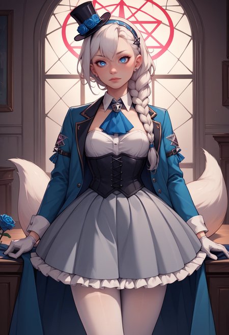 score_9, score_8_up, score_7_up, score_6_up, score_5_up, score_4_up, rating_explicit,  BREAK,  <lora:fubukiXL-10:0.75> fubukielegant, braided ponytail, blue coat, blue ascot, blue rose, corset, collared shirt, grey skirt, frilled skirt, white pantyhose, white gloves, mini top hat, hairband, white hair, piercing, fox tail, pentagram heart arms