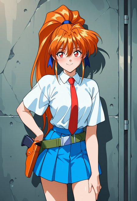 masterpiece, best quality, amazing quality, 1girl, solo, 1990s \(style\), retro_artsryle,
<lora:inoue_ritsuko_v01:0.9>, inoue_ritsuko, ritsuko_normal, orange hair, long hair, high ponytail, red eyes,
blue hair ribbon, school uniform, collared shirt, short sleeves, red necktie, belt, holster, blue miniskirt, plated skirt, (smile:0.7), posing