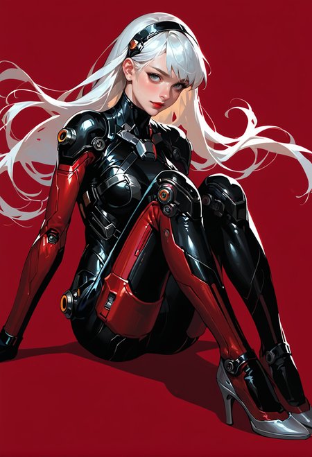 1girl,solo,red background,,ruanyi0868,bodysuit,science fiction,skin tight,
cuteg,white hair,long hair,high heels,sitting,knees together feet apart,<lora:0868 Arasaka Agent suit_v1_pony:1>, score_9,score_8_up,score_7_up,,8k,1girl,solo,,