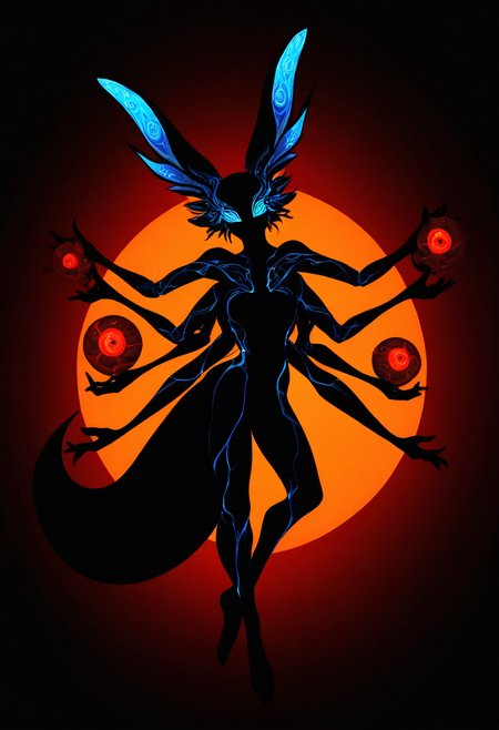 lsd-art, acid-art, trippy, no humans
1creature, mysterious figure, enigmatic silhouette, shadowy background, 
shining eyes with no pupils,  (extra ears, long ears), rabbit ear, four arms, extra arms, (shere grab, holding a sphere), glowing shere,
legs, fox tail, tail, (blending:0.15),
depth of field, blurry_foreground, blurry_background, full body, 
(high_contrast,drop_shadow,chromatic_aberration, colorful:0.6), (ranni_the_witch:0.5), 
masterpiece, best quality, newest, absurdres, highres, intricate detailed, <lora:Daisy-Acid:0.5>
