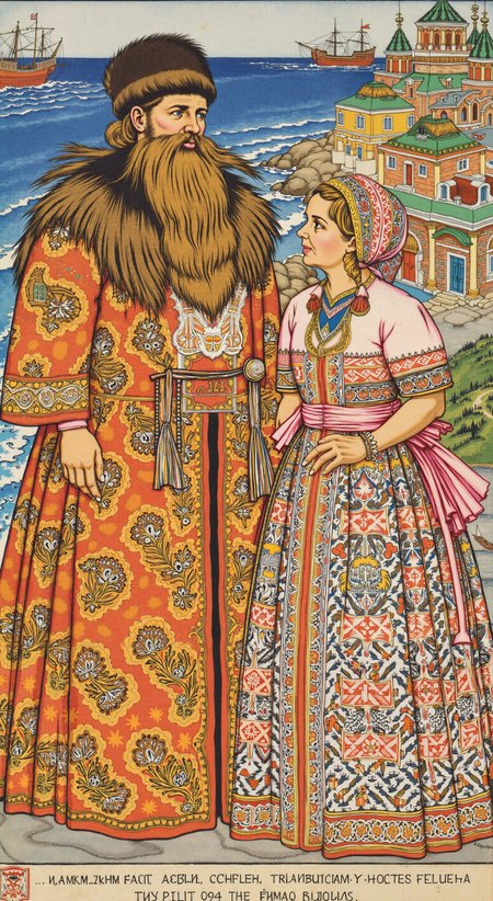 An illustration by Ivan Yakovlevich Bilibin depicting two elaborately dressed figures in traditional Russian attire. The man wears a fur hat and a richly patterned robe, while the woman dons a patterned gown and headdress. They stand against a scenic backdrop of a vibrant seaside town with colorful buildings and ships on the water. The style is distinctly Bilibin's, with intricate detailing and bright colors typical of Russian folklore and fairy tales. The image is dated 1929.