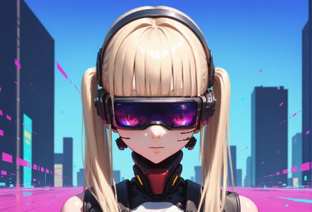 (score_9, score_8_up, score_7_up), anime, multiple_girls, postcard, cyborg, twintails, human face, pale skin, porcelain white face, (vr headset covering eyes:1.1), alternate costume, futuristic, pinafore_dress, outdoors, ultra-detailed, smooth_texture, glossy_texture, intricate_details, foreground, background, middle_ground, [layered_composition], closeup, ar-glitch, glitch, tmnh <lora:Glitch:1> <lora:Tsutomu_Nihei_Blame_Style:1>