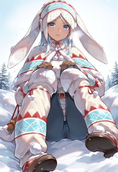 (score_9:0.9),score_8_up,score_7_up,rating_safe,anime style,(zPDXL),<lora:lagombi armor ponyXL v1:0.8>,lagombi armor,white hat,white gloves,white knee boots,solo,1girl,blue eyes,snow,long hair,looking at viewer,dark skinned female, mature female,