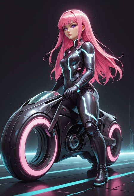 score_9, score_8_up, score_8, masterpiece, best quality, good quality, very aesthetic, absurdres, newest, 8K, depth of field, focused subject, dynamic angle, side view,  1girl,solo, CivChan, holofoil glitter, faint, glowing, ethereal, neon hair, glowing hair, long hair, purple eyes, looking sweet, coy,  sci-fimasterpiece, best quality, good quality, very aesthetic, absurdres, newest, 8K, depth of field, focused subject, dynamic angle, side view, 1girl,solo, CivChan, android, holofoil glitter, faint, (glowing:1.2), ethereal, neon pink hair, glowing hair, long hair, neon purple eyes, looking at viewer, serious, zzCitronLegacy, 
Looking like the character Gem from the movie Tron Legacy,  black suit with glowing purple circuits, thick thighs, white boots, black eyeliner, mischievous expression, rides a TRON Motorbike, tron, giant bike, with angular Speed trail, in a Neon landscape, towering (geometric) structures, dark with vibrant electric-cyan highlights, cinematic sci-fi lighting, Shot with wide-angle lens, motion blur, ultra-detailed, photorealistic Tron style, black background elements, giant cyan glowing grid across the entire background,