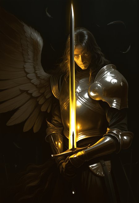 painterly, artist:[caravaggio|adam de coster|yoneyama mai|cursedweeboo|daodtt|diao \(nrays\)|ravine bells],
1boy, male focus, burnished armor, long hair, feathers, single wing, cowboy shot, planted sword, holding sword, glowing sword, calm, night, dark, black theme, black background,
newest, impasto, brushstroke, impressionism, oil painting \(medium\), newest, absurdres, masterpiece, very aesthetic
