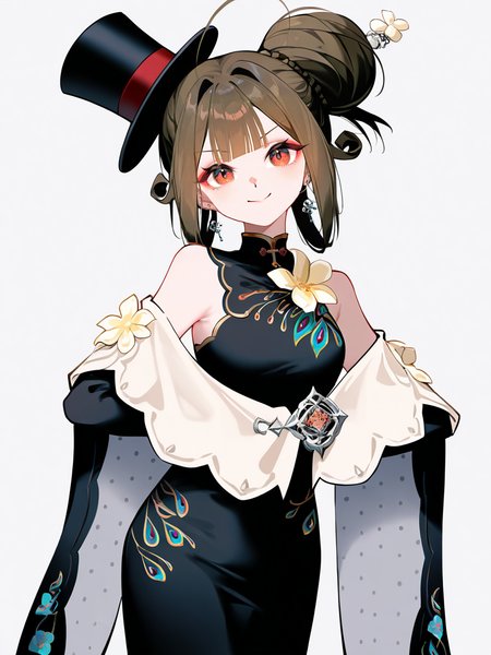 1girl,liqing,solo,simple background,white background,cowboy_shot,standing,chinese clothes,looking at viewer,smile,(top hat:1.1),(single hair bun:1.3),,<lora:liqing-000012:0.9>, masterpiece, best quality, very aesthetic, absurdres,newest, incredibly absurdres,, ),(by kana616:0.8),[(by hen-tie:1.3)|(by kagami_\(galgamesion\):1.2)],(by kinokohime:1.2),(by yatsuha_\(hachiyoh\):0.8),year 2024