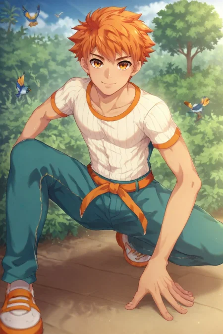 score_9, score_8_up, score_7_up, source_anime, rating_safe, intricate details, (photorealistic:0.6), looking at viewer, depth of field, 1boy, solo, male focus, <lora:jirou_camp_buddy_pony:0.96>, jirou_camp_buddy, orange hair, orange eyes, , sky garden, floating plants, cloud paths, bird nests, tending plants, gentle smile, morning, male Aging gracefully Sculpted, Afro-Caribbean, Blue eyes, Square Jaw, Unusual Cheeks, Curved Forehead, Graceful Posture, Thin lips, Indigo Waves haircut hair, Cry, wearing Denim cutoff shorts, Pinstripe shirt, , , and, Hands clenching into fists, indicating anger or frustration, <lora:sdxl_lightning_8step_lora:1>