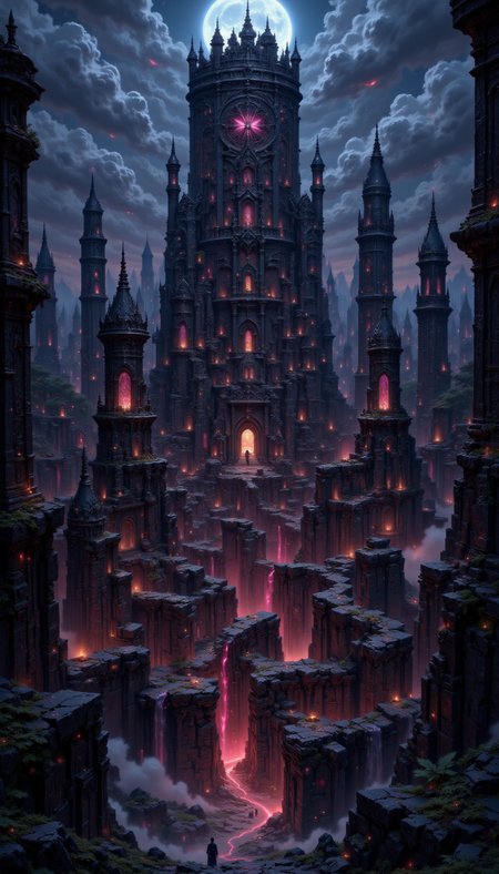 pinkmidnightfantasy,
A maze of jagged black stone walls surrounding a massive, crumbling tower. Flickering torches light the labyrinth, and shadowy figures move silently through its corridors.