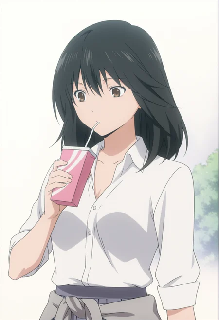 anime screenshot, anime screencap, anime coloring, 1girl, solo, black hair, brown eyes, medium hair, upper body, shirt, partially unbuttoned, pleated skirt, sweater around waist, drinking, drinking straw <lora:Misaki_Yamamoto_hatsukoi_illus:1>, masterpiece, best quality, amazing quality, very aesthetic, absurdres, highres, newest