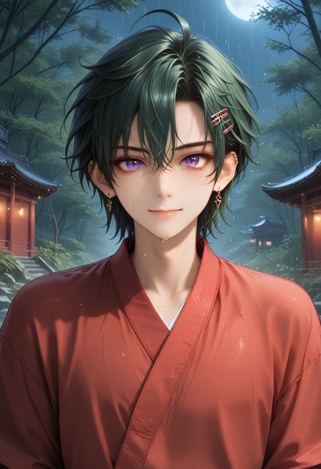 (Masterpiece:1.4), (best quality:1.2), (perfect anatomy), (extreme eye detail) (perfect eyes), (perfect hands), (perfect face),1boy, solo, antherima, solo,((slit_pupils)),dark green hair, hair between eyes, asymmetrical hair parting on left, hair clip on left side, ahoge, medium length bangs, anime reference, purple Eyes,  light_red_eyeshadow, ((1_earstud_left_side)), beaded bracelet, backlit character, looking at viewer, smiling, closed mouth, thin waist, wet, black and red clothing, wet clothing, BREAK,
shrine, japanese shrine, bamboo trees, night, nighttime,raining, heavy rain, low light, dark, paved path, moss, extreme detail, detailed scenery, detailed background,