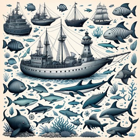 Nautical-themed (weird creatures:1.5). Sea, ocean, ships, maritime, beach, marine life, highly detailed,