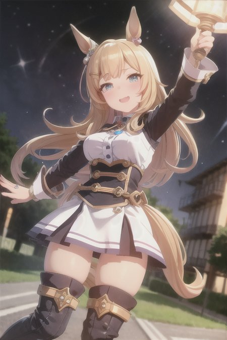 masterpiece,best quality,<lora:UmaMusumePrettyDerby_umms:1>umms,(horse ears, horse girl,:1.2) (horse tail,:1.3) ,full body

road, soft light,detailed lighting,cinematic light,neon lights,street lamp,shop,colorful startrails,

detailed face,1girl,solo,hair bangs,hair clip,happy face,{{super detailed skin}},

{{wear armor}}, thigh boots,combat boots,detailed boot,gems, jewellery,badges,shackles,lots of gems, lots of badges,