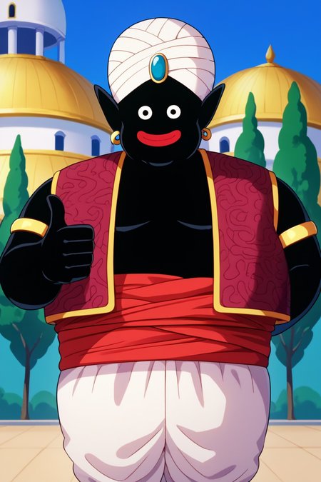 score_9, score_8_up, score_7_up, score_6_up, score_5_up, score_4_up BREAK  source_anime, mrpopo,1boy, solo, male focus,black skin, looking at viewer, bald, black eyes,pointy ears,red lips, upper body, arabian clothes, brown naked vest, red sash, white pants, armlet, white turban, blue gemstone,earrings,smile,closed mouth,thumbs up,arm at side,building, tree,blue sky <lora:Popony:1>