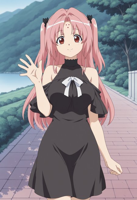 1girl,solo,mm,mature female,pink hair,long hair,two side up,red eyes,forehead mark,hair ribbon,anime coloring,
,black dress,bare shoulders,cowboy shot, looking at viewer, smile,waving, outdoors
,masterpiece,best quality,amazing quality,<lora:Miharu_Sena_Kanaka-Girls_Bravo-IL_r1:0.8>