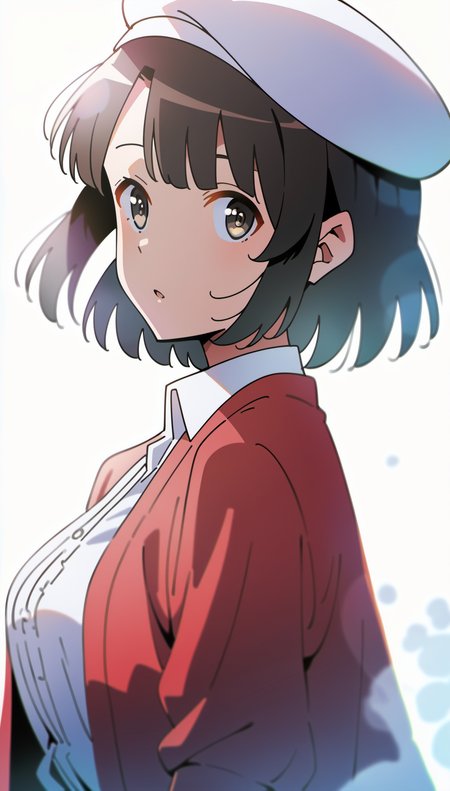 score_9,score_8_up,score_7_up,
<lora:megumikato:0.9>,
megumikato,
1girl,solo,black hair,bangs,short hair,brown eyes,pupils,looking at viewer,parted lips,white beret,red cardigan,white blouse,white layered ruffle skirt,upper body,
(white background:1.1),bloom,lens flare,