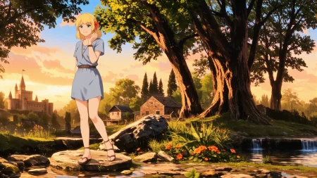 Cypriot graduated bob strawberry blonde hair (young woman), (druid:1.2), anime, illustration, (extremely detailed), (portrait), (standing:1.2), (happy smile), flower in hair, glossy lipstick, celtic necklace, line earrings, loincloth, (sandals),  Pastel Blue (druid short dress), (legs), heels, (sharp focus),  fantasy, (beautiful celtic landscape:0.9), (small rock:0.9), (moss:0.4), (ripples, reflections:0.8), celtic  castle, (small river small pond:0.5), druid forest, (druid village:1.2), (stunning nature environment:0.8), (enchanted land:0.5), clovers, (Orange flowers:0.9), leaves,bright (sunny sky), (sunset:0.3), best quality, colorful, wet floor, raytracing, hdr, high contrast, ethereal natural lights, backlight, (lens flare:0.4), shadows, (vibrant colors, colorful):0.6, pretty, beautiful, happy, smiling, feminine, sexy, lovely, in love, adorable, fashion,  <lora:Hand v2:1> <lora:Anti-Blur:1> <lora:RetroAnimeFluxV1:0.4> <lora:Luminous_Shadowscape:0.4>  <lora:SujatmikoArafuru_Flux:0.2> Suzume style