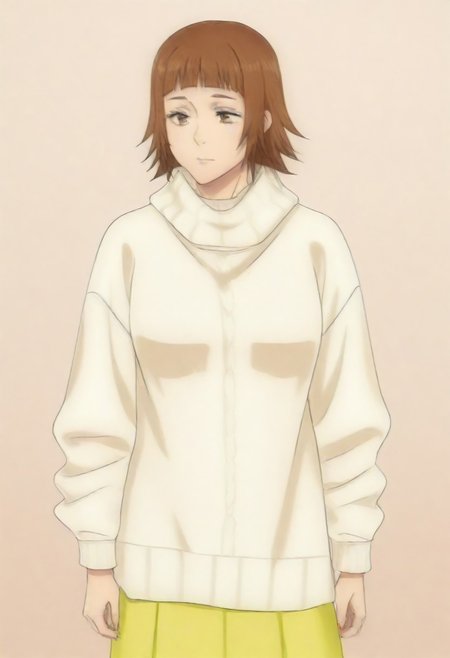 masterpiece, best quality, amazing quality,,, shiny skin,,,,,,,,yuozawa, brown_eyes, brown_hair, short_hair, blunt_bangs,, turtleneck, white_sweater, long_skirt, yellow_skirt,