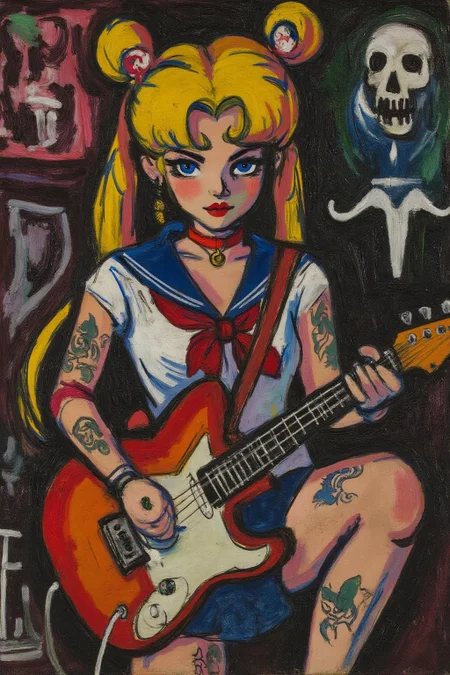 henrylymansayen1 painting.
punk sailor moon playing a guitar at a heavy metal mosh pit, tattoos, piercing.
 <lora:henrylymansayen1_cap_d6a3:1.0><lora:861481418058928470:0>
