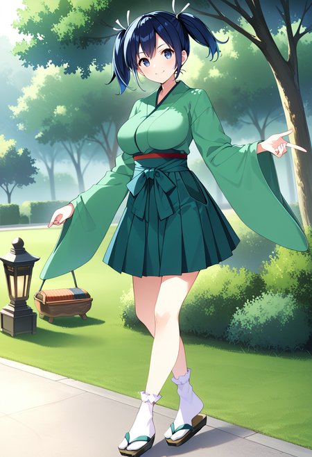 standing, solo, 1girl, park, full body, large breasts, <lora:KC_04AC_souryuu_pony:1> souryuukc, blue hair, short twintails, blue eyes, hair ribbon, white ribbon,     souryuudefkc, kimono_wide_sleeves, japanese clothes, green kimono, miniskirt, hakama short skirt, thighs, white socks, sandals,, score_9,score_8_up, score_7_up, source_anime, masterpiece, best quality,  official art, official style, game cg, megami magazine, rating_safe, rating_questionable, <lora:Fixhands_anime_bdsqlsz_V1:0.75>, NEGATIVE_HANDS