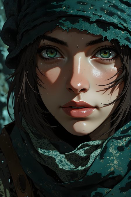 The air is crisp and cold, carrying with it the faint scent of earth and stone. A woman stands before you, her presence commanding yet enigmatic. Her face is framed by a dark headscarf that wraps tightly around her forehead, its edges slightly frayed as though worn through countless journeys. The scarf is adorned with subtle hints of shimmering threads, catching the light in a way that suggests both practicality and a touch of hidden elegance.
Her eyes are striking, a deep green that seems to hold an endless depth, like pools of ancient water reflecting the sky above. They are sharp and alert, their gaze steady and unyielding, as if she has seen more than most would dare to imagine. Her brows are thick and well-defined, adding to the intensity of her expression, while strands of her dark hair escape from beneath the scarf, framing her face with a wild, untamed beauty.
She wears a heavy, textured garment draped over her shoulders, likely meant for warmth against the biting chill of her surroundings. The fabric is rich and layered, hinting at a life spent outdoors, where protection from the elements is essential. Around her neck, a patterned scarf is wrapped loosely, its intricate design suggesting craftsmanship and tradition. The colors are muted but vibrant, blending seamlessly with the earthy tones of her attire.
Her lips are full and painted with a soft, natural hue, giving her a serene yet determined look. There is no trace of fear or hesitation in her expression; instead, there is a quiet resolve, as though she is prepared for whatever challenges lie ahead. The lighting is soft, casting gentle shadows across her features, accentuating the contours of her face and highlighting the strength etched into her brow.
The overall impression is one of resilience and mystery. She appears to be someone who has faced adversity and emerged stronger, her appearance telling a story of survival and purpose. The details of her clothing and accessories suggest a life intertwined with nature and perhaps a culture steeped in tradition. It is as if she is a guardian of some forgotten knowledge, standing firm against the backdrop of an unforgiving world.
j_art, anime, anime art, <lora:FLUX\jul\J_Anime:0.7>, <lora:FLUX\RealAnime:0.7>