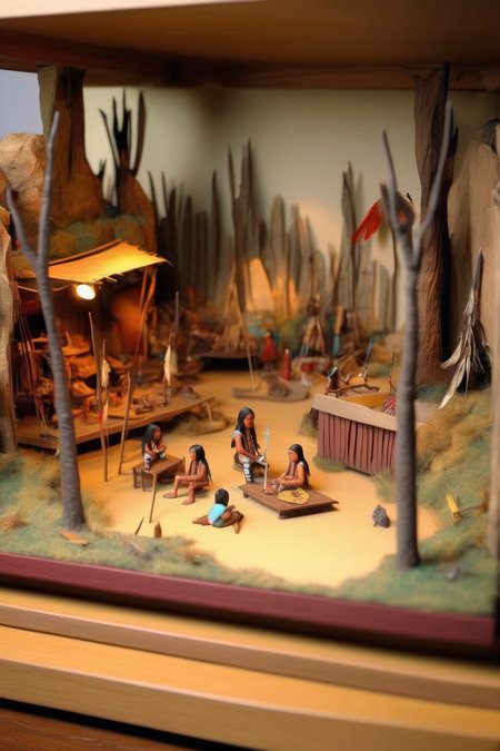<lora:Diorama:1>Diorama - a childs diorama of a native american camp wide shot sitting ontop of a desk