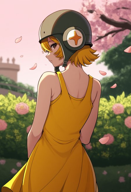 masterpiece, best quality, 1girl, solo, <lora:NSGumJSR:1> NGGumJSR, short hair, blonde hair, hair between eyes, brown eyes, helmet, yellow sundress, from behind, garden, outdoors, light pink sky, looking back, blossoms, petals