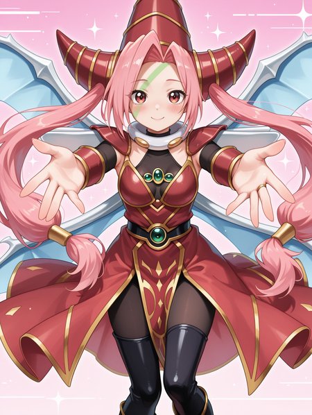 T.G. Wonder Magician,1girl,solo,pink background,sparkle,smile,twintails,blush,green facial mark,black bodystocking,dragon wings,gold hair tubes,red dress,red gauntlets,red wizard hat,black thigh boots,red shoulder armor,reaching towards viewer,outstretched hands,glitch,
masterpiece,best quality,amazing quality,very aesthetic,apussbsurdres,newest,<lora:T.G. Wonder Magician illuXL v1:0.75>,
