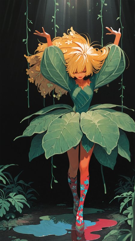 masterpiece, newest,absurdres,incredibly absurdres, best quality, amazing quality, very aesthetic, 
1girl, (plant girl:1.3), puddle,  blonde, (big hair:1.3) plant hair, flowers,floral thighhighs, moving,confident, red lips, light rays, blurry foreground, leaves tutu,arms up, 
<lora:ka_marukogedago:1> k4_illu, abstract, traditional media, scan, blending, <lora:bWluaW1hX2Fp-illustriousXL_v01_V4-CAME:1> bWlua, colorful,