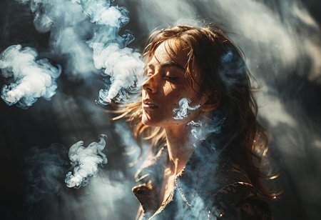 midjourneylora, 1girl, shadow, inside, smoke,Cinematic Lighting, Dramatic lighting, high contrast, detailed shadows, high-resolution