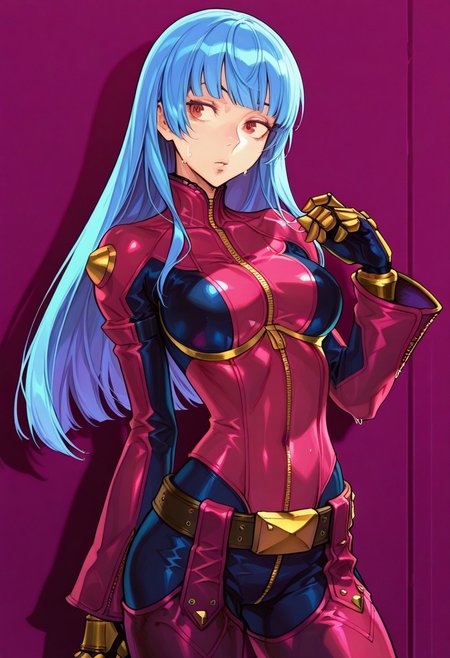 masterpiece, best quality, very aesthetic, absurdres, 
1girl, cowboy_shot, solo, vanillaware, 
breasts, revealing clothes, cowboy shot, (masterpiece),(best quality),(ultra-detailed),(best illustration),(best shadow),(absurdres),(detailed background),(very aesthetic)
,
NishimuraXL,
,wet,sweat drop, kula diamond, 1girl, solo, long hair, blue hair, gloves, breasts, zipper, red eyes, bangs, chaps, red lavender bodysuit,  gloves, gold gloves,  mechanical gloves,belt, covered navel