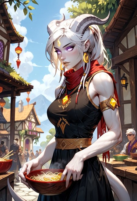 masterpiece, score_9, score_8_up, score_7_up, score_6_up, world of warcraft, fantasy, <lora:add-detail-xl:1.5>, 
fFaceDetail, (female, draenei, h0rns, ram horns, white horns, tall, athletic arms, pale white skin, long white hair, purple eyes, long white tail, long fingers), 
(long loose black dress, red silk scarf, tail under dress, simple armlet, small yellow gem pendant, small yellow gem earrings),
(holding a wooden bowl, wooden bowl with noodles inside, two chopsticks in bowl, steaming noodles), 
depth of field, outdoors, (fantasy faire, wooden village), (crowds in background, fantasy clothing, human, varied clothing)