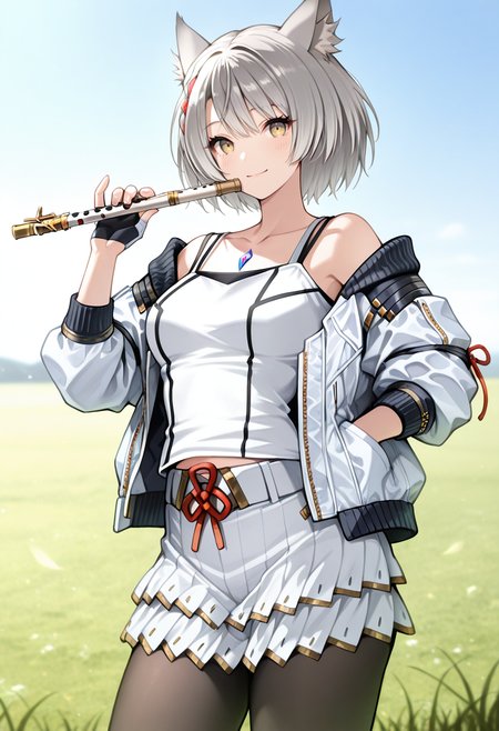 masterpiece, best quality, newest, absurdres, highres,<lora:MioXC3Illustrious:1>  , , MI0XC3, grey hair, short hair, cat ears, white tanktop, chest jewel, open jacket, off shoulder, frilled skirt, pantyhose, fingerless gloves, holding flute, smile, looking at viewer, 1girl, solo, grass, sky,