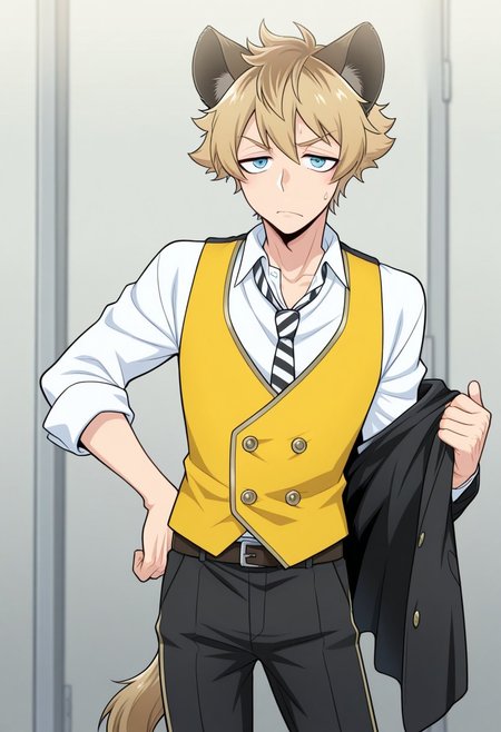 masterpiece,best quality,amazing quality, source_anime,
RuggieBucchi, 1boy, male focus, animal ears, solo,  blue eyes, white shirt, sweatdrop, looking at viewer, holding, jacket removed, blonde hair, tail,, school uniform, shirt, white shirt, collared shirt, necktie, striped necktie, black and white necktie, vest, yellow vest, , belt, pants, black pants,