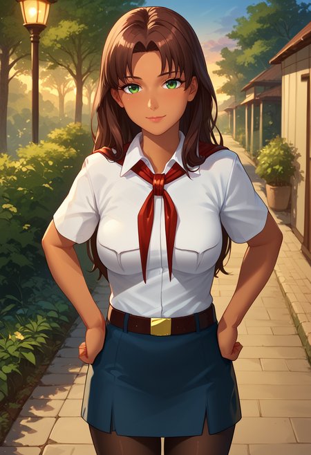 score_9, score_8_up, score_7_up,
best quality, masterpiece, ultra detailed,
<lora:Expressive_H:1>, blush, light smile, hands on hips,
looking at viewer, 
mature girl,
<lora:Everlasting_Summer_Olga_by_GraffMetal_V2.4:0.7>, olga, long hair, brown hair, green eyes, bangs, parted bangs, straight hair, tan skin, dark skin, solo, medium breasts, 
white collared shirt, short sleeves, red neckerchief, neckerchief, belt, blue skirt, high white socks, short skirt, winged footwear, black pantyhose,
amazing background, outside, evening, nature,
<lora:Everlasting_Summer_Vanilla_Art_Style_by_GraffMetal:1>,