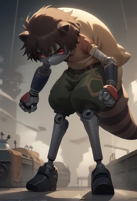score_9, score_8_up, score_7_up, (best quality:1.1), ultra-detailed, high resolution, 8K, ((tall, 6ft tall, no mouth, long legs)), long legs, Metal Raccoon, robot, brown beige metal skin, black sclera, red pupils, pointy metal nose, gray claws, green core, black shoes, fist, battle stance, arms at sides, floating, factory, raccoon tail, BREAK outside, Rich, Detailed background, ambient light