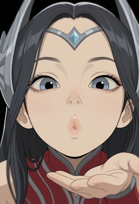 W411,   masterpiece, best quality, solo,                                                                                                    irelia \(lol\), black hair, headgear,  leaning close to viewer, blowing a kiss, puckered lips, black background
