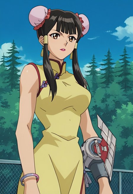 score_9, score_8, score_7_up, source_anime, anime_coloring, anime_screenshot, highres, rating_safe solo, outdoors, forest, trees, sky, day, clouds
YGOVivianWong, 1girl,  long hair, black hair, hair bun, double bun, bun cover, hair tubes,  bangs, sidelocks, makeup, lipstick, brown eyes,  jewelry, earrings, dress, china dress, chinese clothes, bracelet,