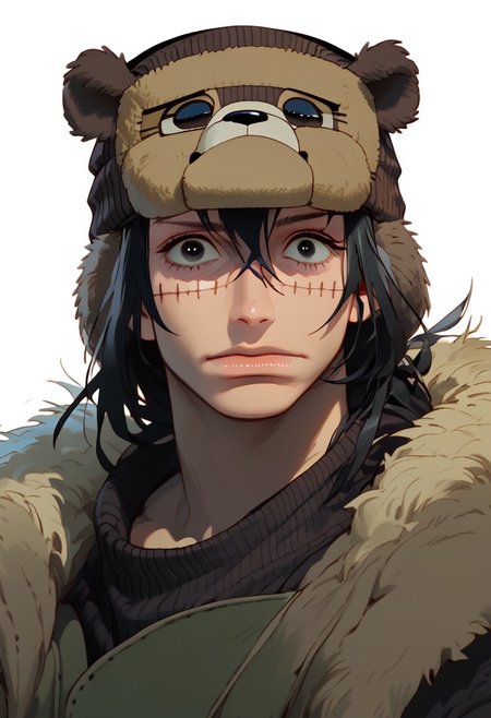 score_9, score_8_up, score_7_up, score_6, score_5, anime, hyper detailed face, perfect face, perfect eyes, perfect anatomy, perfect hands, closeup, 1boy, solo, black eyes, black hair, spiky hair, messy hair, fully clothed, athletic, ((koala hat, koala beanie, animal hat, fur_ears, grey_bear_ears, grey_beanie, Croco_scar across face)), male focus, white background, simple background