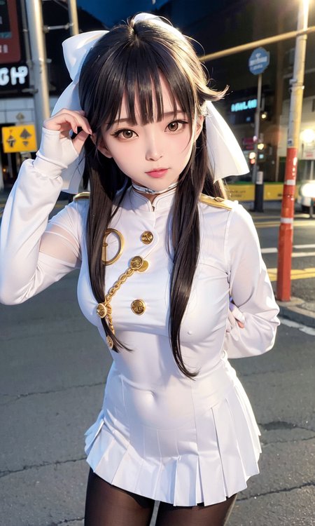 (8k, RAW photo, best quality, masterpiece:1.2), (realistic, photo-realistic:1.5),omertosa,(((1girl))),(Kpop idol), (aegyo sal:1),cityscape background, dailight,sunlight, professional lighting, photon mapping, radiosity, physically-based rendering,(comic market background:1.2), seashore background, sandy beach,crowd of people,<lora:koreanDollLikeness_v10:0.5> <lora:takaoAzurLaneFull_takao7682:0.7>,White military uniform, white miniskirt, long sleeves, gold buttons, gold armbands, gold collar, black hair, black ponytail with white ribbon, Azur Lane,  Takao