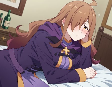 score_9, score_8_up, score_7_up, source_anime,
konosubawiz, <lora:konosuba-wiz-s1s2-ponyxl-lora-nochekaiser:1>,
wiz, ahoge, brown eyes, light brown hair, hair over one eye, long hair, mature female,
cross, dress, hood, hood down, jewelry, latin cross, long dress, long sleeves, purple dress, robe, purple robe,
indoors, bed, bed room, on side, blush, drunk,
looking at viewer, dutch angle, cowboy shot,
