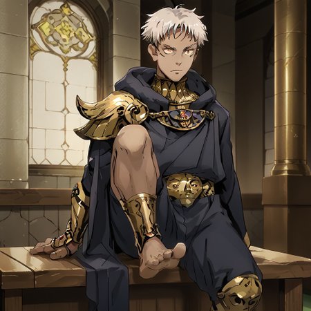source_anime, anime screenshot, anime colouring, highly detailed, intricately detailed illustration,  Palace background, indoors, solo, 1male, Dark skin, white hair, yellow eyes, male focus, black cloak, black pants, barefoot, 5 toes, leg armor, gold leg armor, shin armor, shoeless leg armor, itadori yuuji, itadori_facial mark, sitting on bench, feet, soles