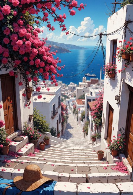 Midday in a Greek Island Village
"The whitewashed terraces of a Greek island village gleam under the relentless midday sun. A woven sun hat, long abandoned, rests on a stone ledge, its brim fluttering in the warm breeze. The deep blue Aegean Sea stretches endlessly below, shimmering beneath the bright sky. Pink bougainvillea cascades down sun-bleached walls, their petals drifting lazily across empty streets. A wooden door stands ajar, revealing only shadows within. The scent of salt and jasmine fills the air, but the village remains utterly still, as if waiting."