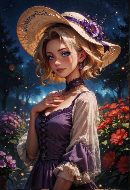 score_9, score_8_up, score_7_up, score_6_up, score_5_up, score_4_up,   1woman, (beautiful face, cute face, 18 years old), blonde, short hair, laced hair, outdoors, plants, flowers, soft lighting, smiling, blush, looking at viewer,  blue eyes, hands on chest, night, bokeh, moonlight, tan skin, standing, dusk, particles, looking at viewer from side  <lora:sdxl\Expressive_H-000001:0.6>, expressiveH <lora:sdxl\vixon_pony_gothic_neon:0.4> <lora:sdxl\incase_style_v3_ponyxl_ilff:0.3> <lora:sdxl\sinfully_stylish_SDXL:0.4> <lora:sdxl\wrenchrococodomepdxl-000007:0.8>, purple wrenchrococodome, purple gown, hat