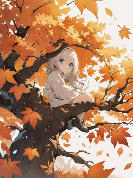 masterpiece,ultra-detailed,best quality,8K,illustration,cute face,clean skin ,shiny hair,girl,ultra-detailed-eyes,simple background, <lora:add-detail-xl:1>  <lora:kouyou_XL_V1.0:1> autumn leaves,tree