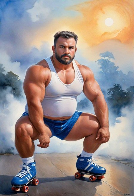 sporty beefy, hairy, big, huge, fat, chubby, stocky  mature musclebear man, 1980s fsahion style, roller skating, white roller, squatting_12, looking at viewer, white tank top, blue shorts, bun on head, sunset, hyper detailed, professional poster art, back light, mystical dense fog, ((oil and watercolor painting)), epic scene, haunting mist, dutch angle, <lora:skj_fineart:0.75>