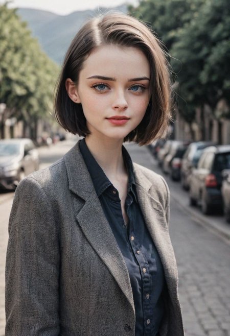 (Flat chest:1.1), young, 18y, (cute:1.3), skinny, tiny waist, dynamic pose, cuteness overload, 
incredibly detailed masterpiece, color contrast, well defined face with interesting features, hyperrealistic, wearing unique fitting aesthetic clothes, vivid colors on accessories and matching outfit, complex patterns in eyes resembling the universe, motion and action in background, leading lines and visual cues directing attention to mouth, image split to rule of thirds,
spiky bald hairstyle, short hair, pale skin, 1girl, jet black hair, ((hair cut super short,)), smile, teeth, lips, side cut hairstyle,