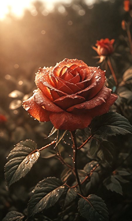 macro photography,dark red rose,morning dew,golden hour,god rays,Hyperrealistic art cinematic film still photography in the style of detailed hyperrealism photoshoot,