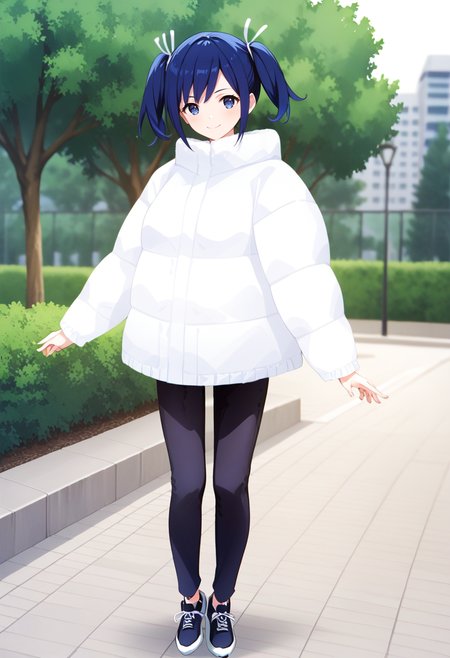 standing, solo, 1girl, park, full body, large breasts, <lora:KC_04AC_souryuu_pony:1> souryuukc, blue hair, short twintails, blue eyes, hair ribbon, white ribbon,     souryuu354kc, winter_coat, white coat, black pants, black sneakers, score_9,score_8_up, score_7_up, source_anime, masterpiece, best quality,  official art, official style, game cg, megami magazine, rating_safe, rating_questionable, <lora:Fixhands_anime_bdsqlsz_V1:0.75>, NEGATIVE_HANDS
